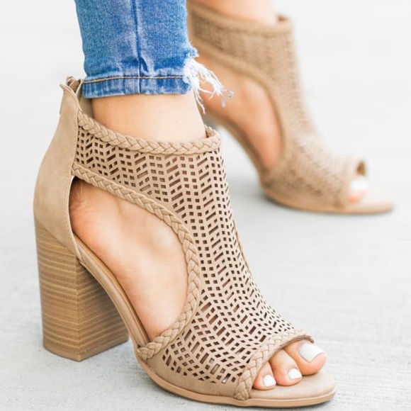 Taupe laser cutout booties with braided detail - Picture 7 of 7